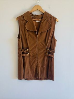Vintage 70’s Tan Faux Suede Sleeveless Zip-Front Vest with Buckle Waist Detail